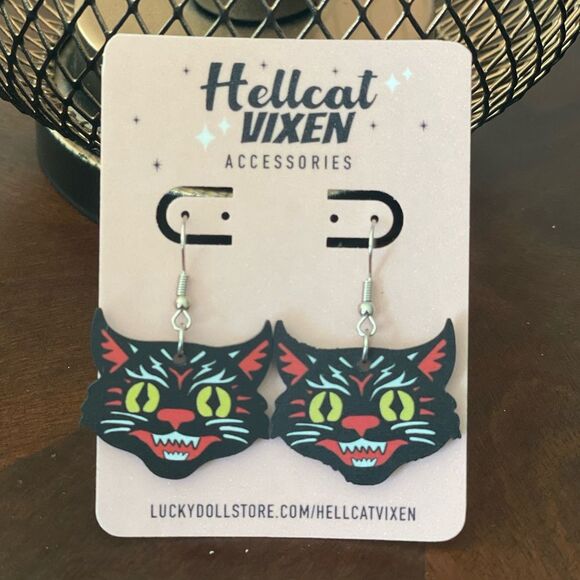 Retro Vintage Angry Black Cat Acrylic Drop Hook Earrings - Picture 1 of 5